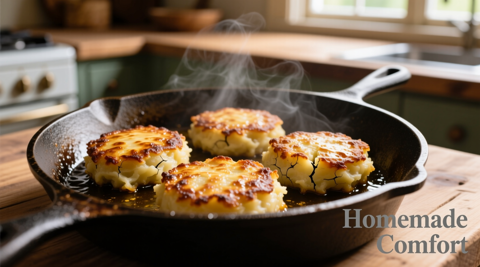 Golden brown mashed potato patties on cast iron skillet