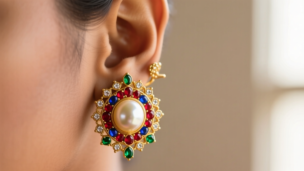 Close-up of a traditional gold bugadi earring with a large pearl and Kundan stones, worn on the upper ear helix cartilage.