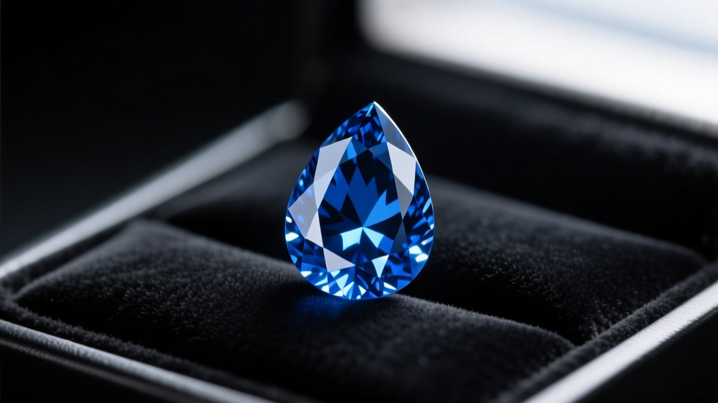 Macro photography of a loose Ceylon blue teardrop sapphire showing the faceted pear cut, resting on a jeweler