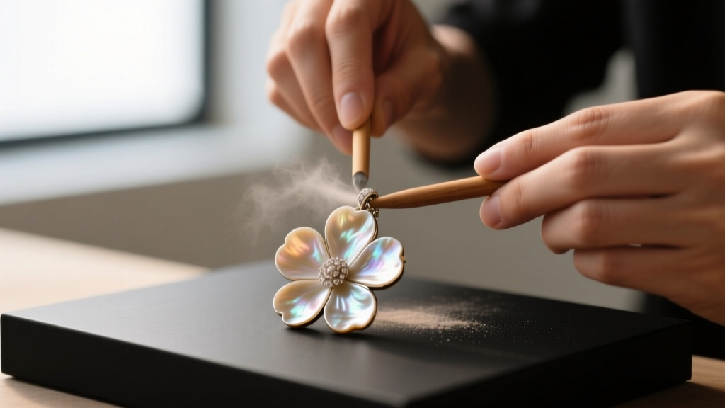 Jeweler using a wooden dowel and mild polish to buff a dull mother of pearl floral pendant petal under warm, bright lighting.