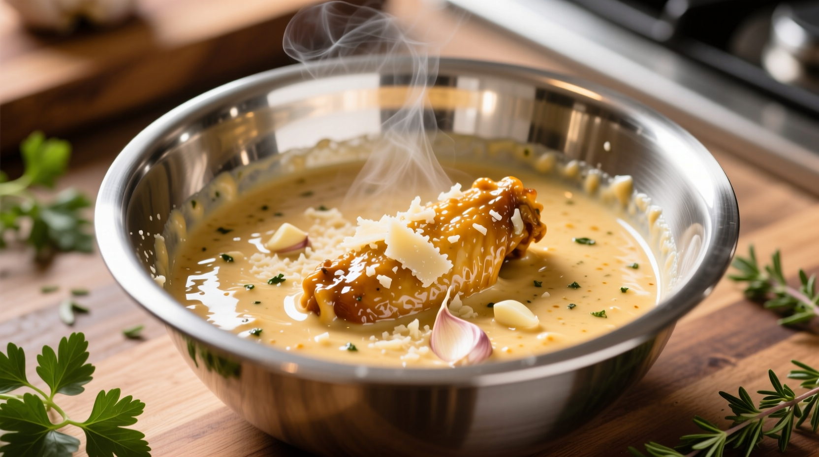 Homemade garlic parmesan wing sauce in stainless steel bowl