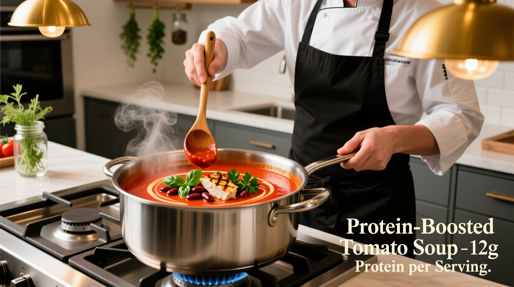 Chef preparing protein-enhanced tomato soup with beans and herbs