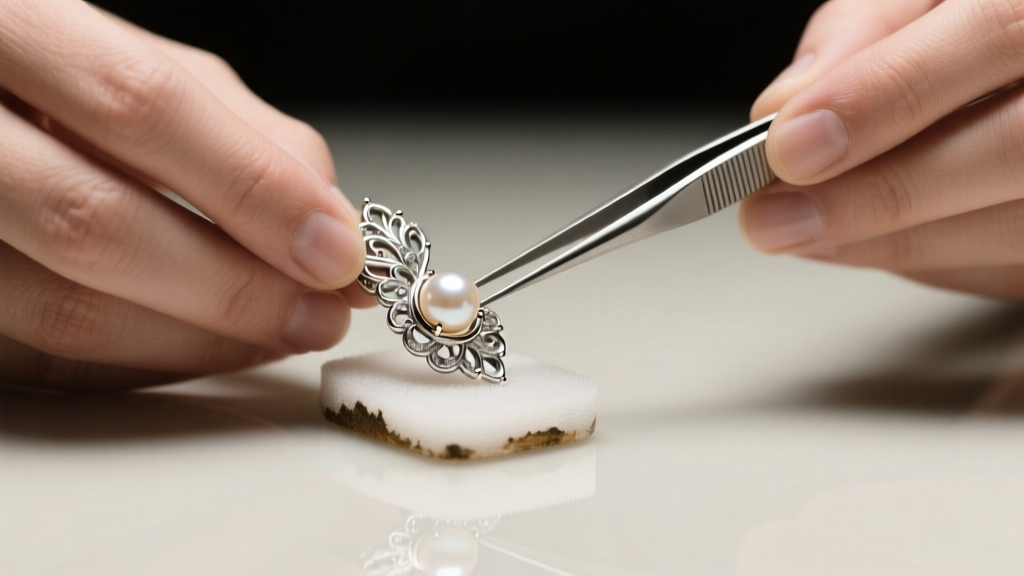 Jeweler using tweezers to replace a worn foam pad on a retro silver pearl clip earring under bright bench lighting.