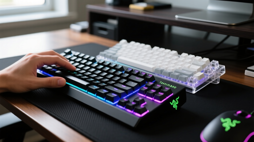 Hand resting on the Razer Tartarus Mini macro keypad with RGB underglow sitting next to a mechanical keyboard on a dark desk mat