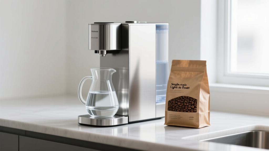 Stainless steel countertop reverse osmosis water dispenser with glass carafe next to a bag of single-origin light roast coffee beans
