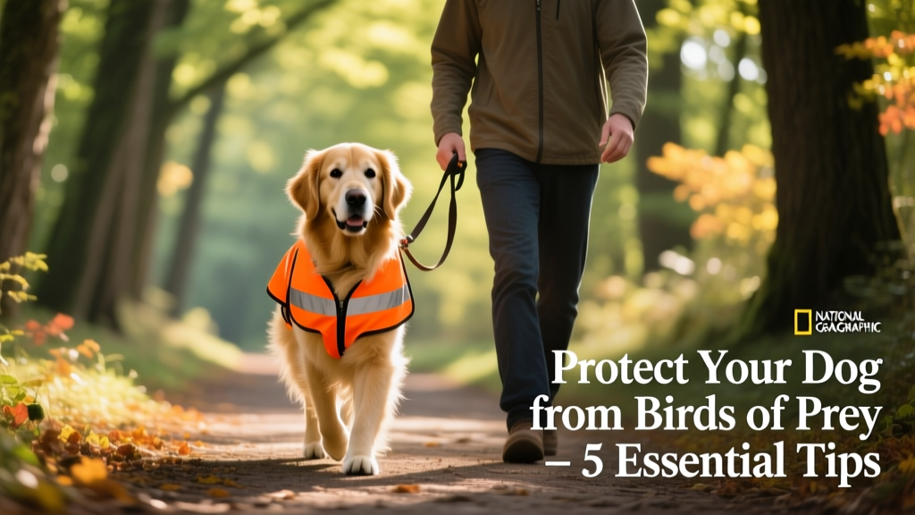 A dog wearing a bright orange reflective vest walking beside its owner on a tree-lined path