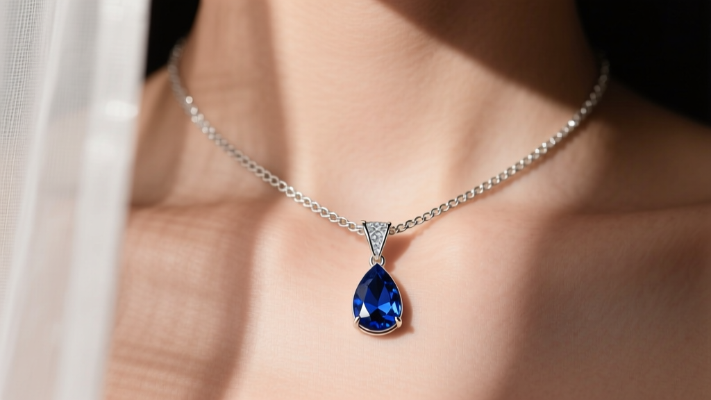 A 2.5mm sterling silver foxtail chain necklace with a wide diamond-cut bail holding a teardrop sapphire pendant against soft skin.