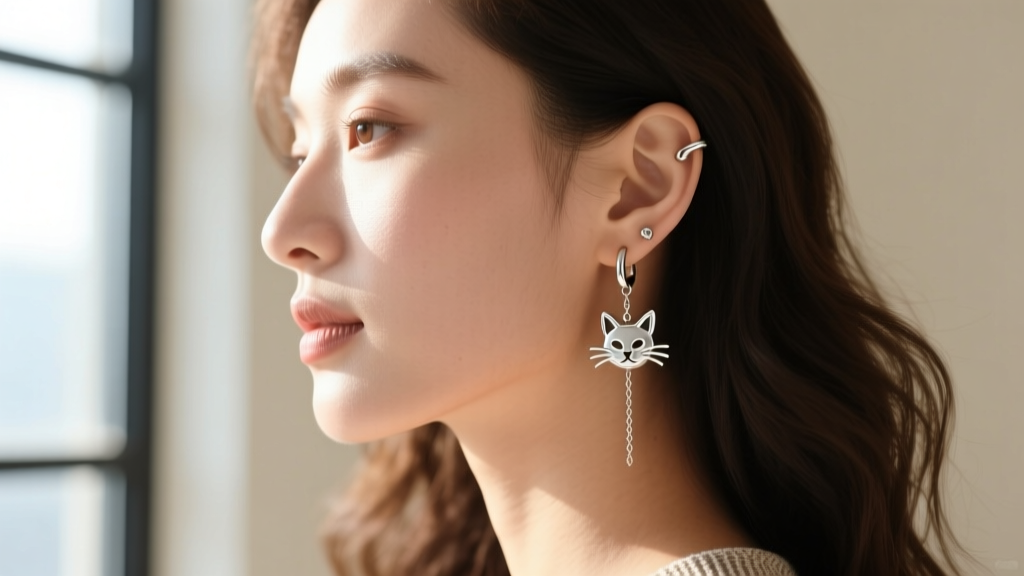 Side profile of a woman wearing a silver cat dangle earring on her lobe and a feline huggie on upper cartilage in natural light.