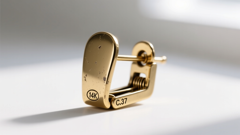 Close-up of the back of a vintage 1960s clip-on earring, highlighting the metal paddle-back mechanism and small hallmark stamp