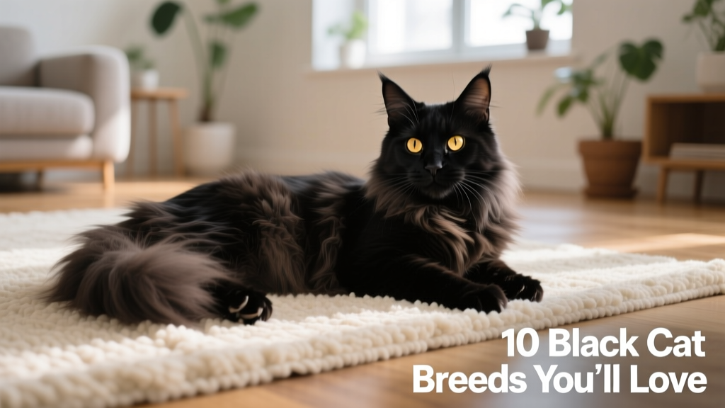 A majestic black Maine Coon lounging on a cozy rug, tail wrapped around paws, looking alert and friendly