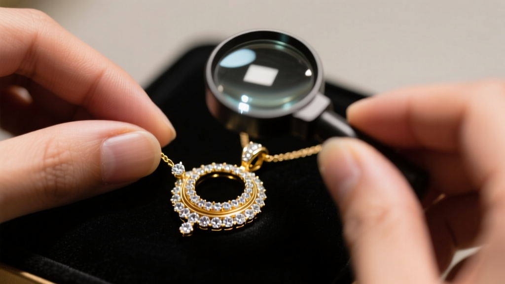 Close-up of a jeweler using a 10x triplet loupe to inspect micro-pave diamonds on a gold chai pendant under bright LED lighting