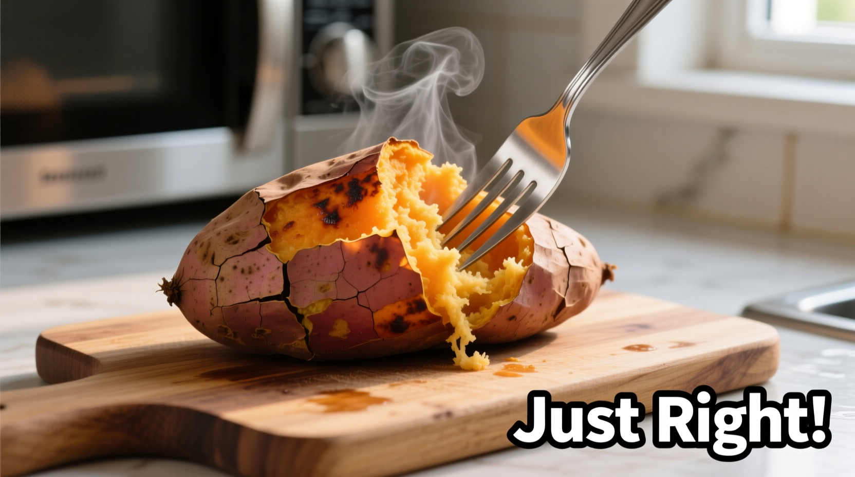 Microwaved sweet potato with fork showing fluffy interior