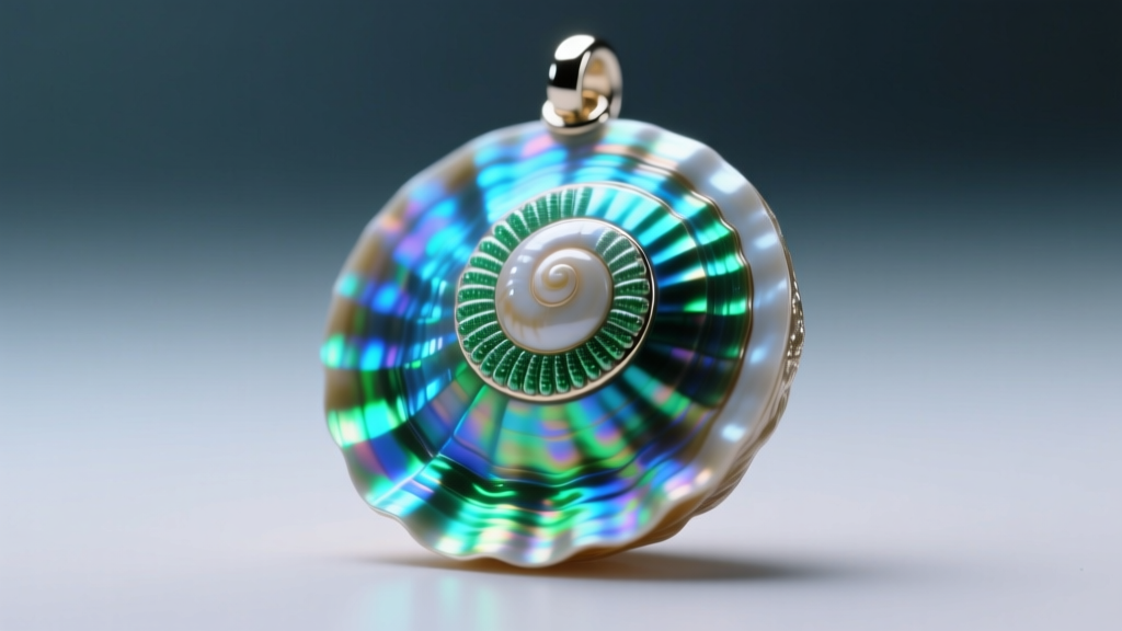 Macro shot showing the iridescent layers of a well-maintained abalone shell charm glowing with vibrant blue and green hues