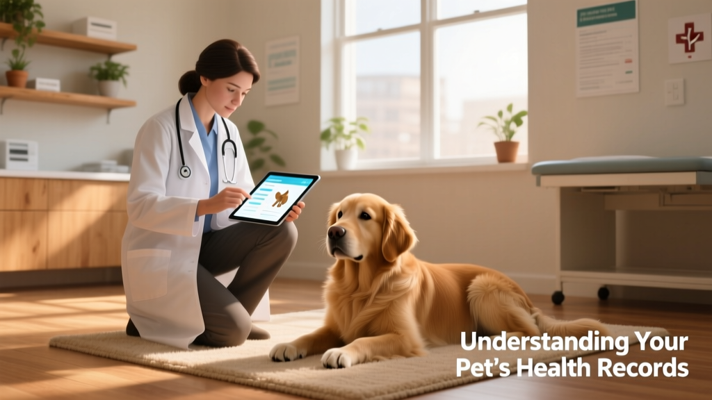 A veterinarian reviewing digital health records on a tablet while a calm dog sits beside them