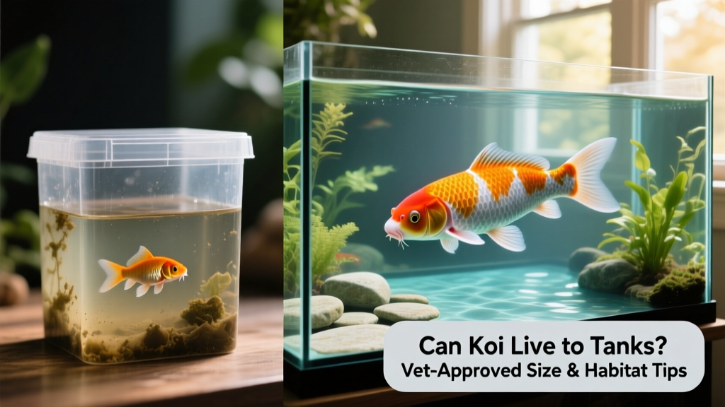 Side-by-side comparison showing a small koi in an undersized tank versus a large koi in a properly sized, filtered aquarium with open swimming space