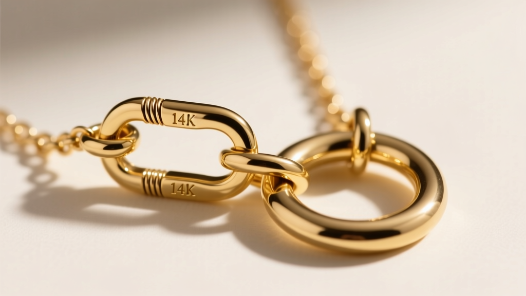 Macro shot of a 14k gold vermeil long charm necklace clasp and jump ring, highlighting soldering quality and metal hallmark stamps