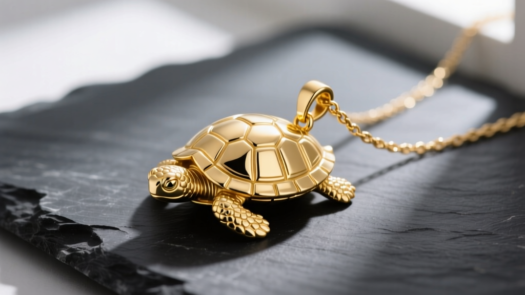 14k yellow gold turtle pendant on dark slate, showing intricate textured scutes on the domed shell and a delicate cable chain.