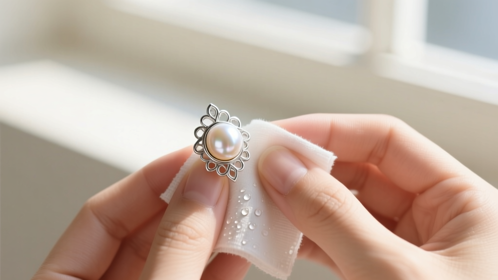 Hands gently wiping a silver and pearl earring with a damp microfiber cloth, avoiding harsh chemicals, under bright natural light