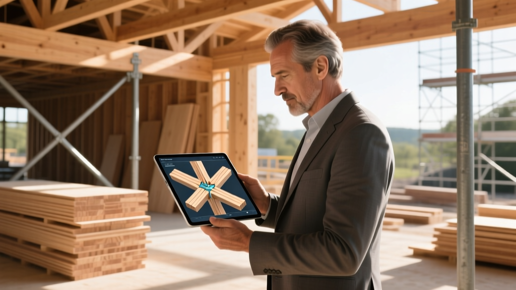 Architect reviewing a digital 3D model of interlocking timber mortise and tenon joints on a tablet at a mass timber construction site