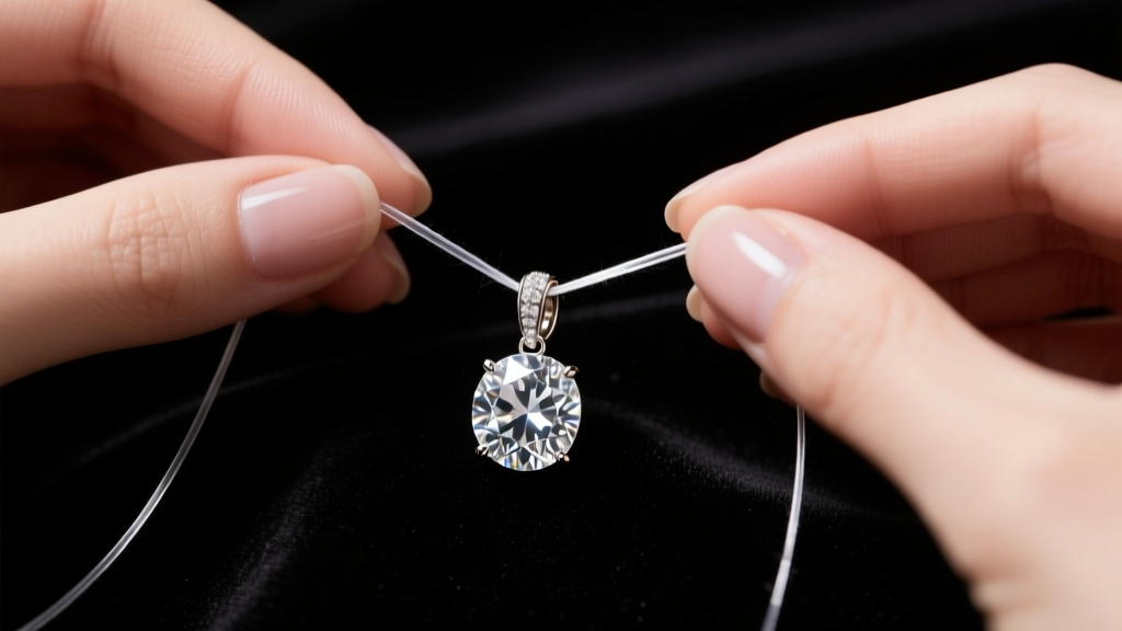Close-up of hands threading a 0.3mm clear nylon cord through a diamond pendant bail on a dark velvet jeweler's work mat.