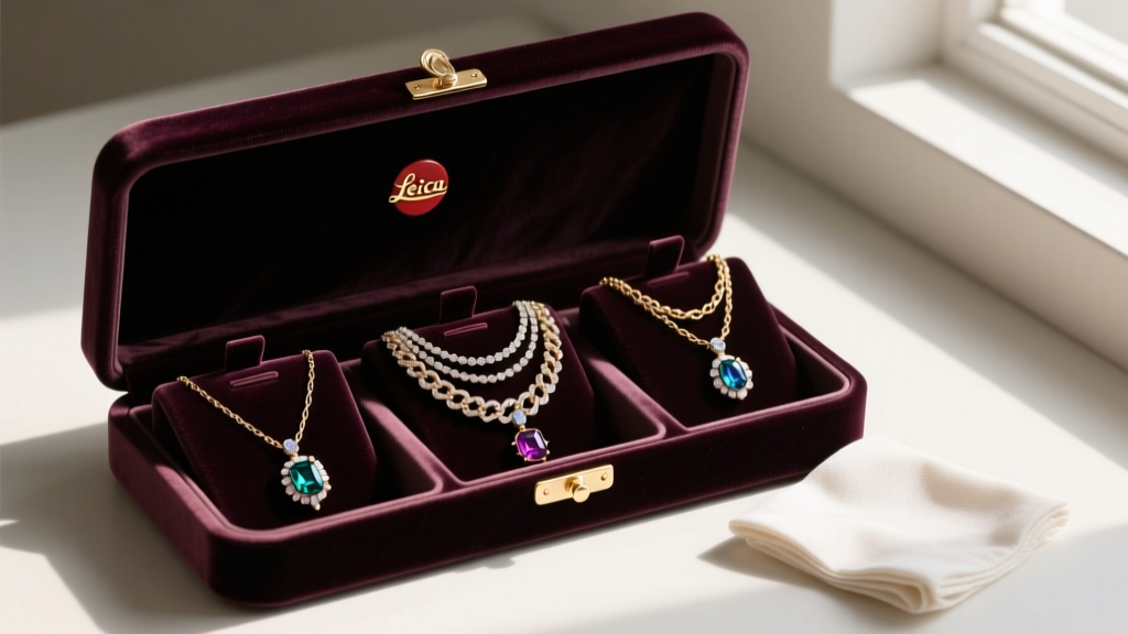 Velvet jewelry box with individual felt slots holding separated layered necklaces, placed next to an anti-tarnish polishing cloth.