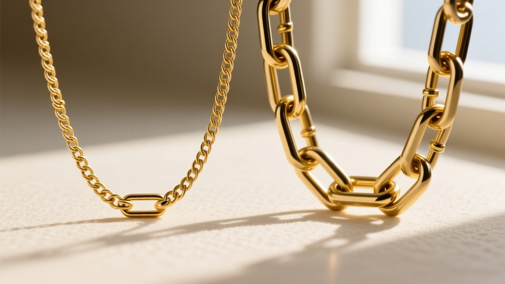 Macro shot comparing a delicate 1.2mm gold cable chain and a 3mm gold paperclip chain, highlighting link thickness and clasps