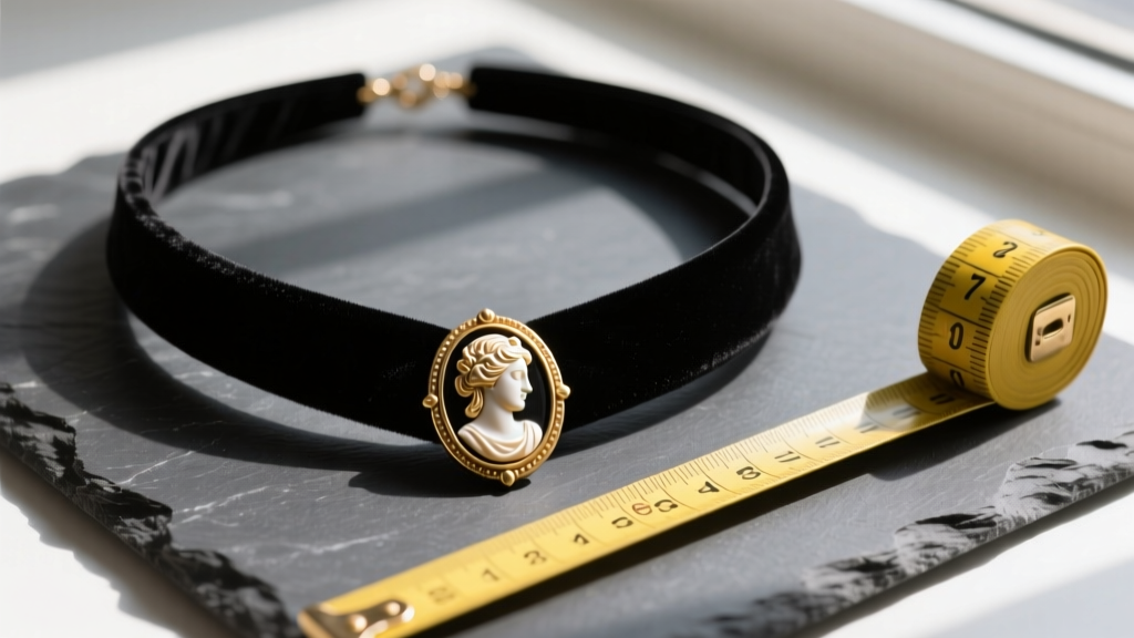 Flat lay of a black velvet throat necklace with a vintage brass cameo clasp, resting on dark slate next to a yellow measuring tape