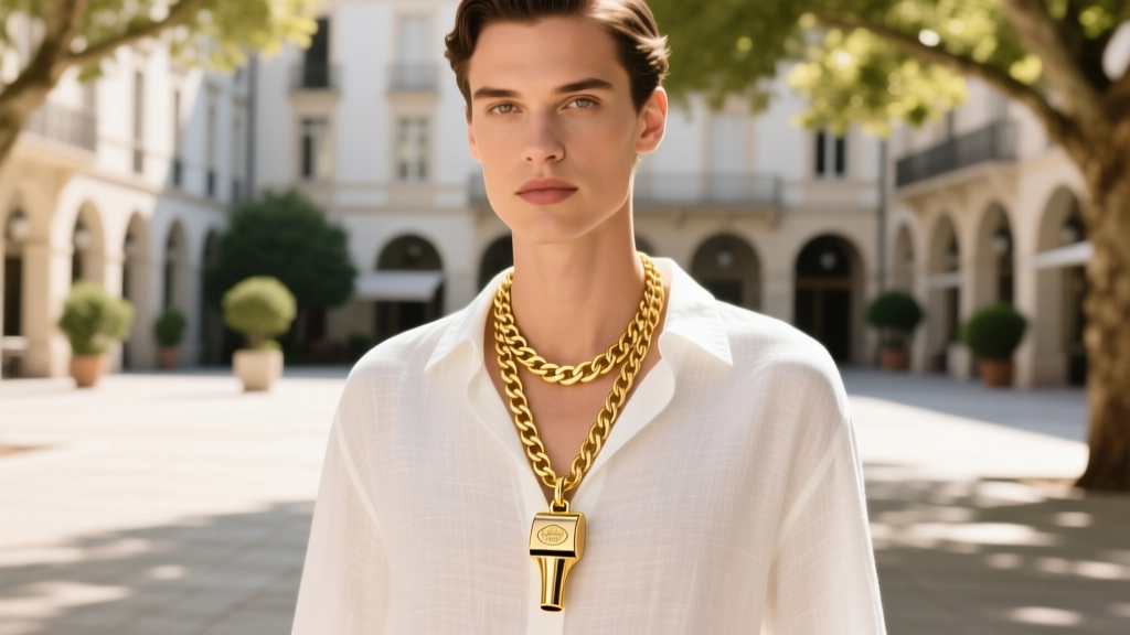 Model wearing a 4mm 18k gold Cuban link chain with a gold referee whistle pendant, captured outdoors in bright natural sunlight.