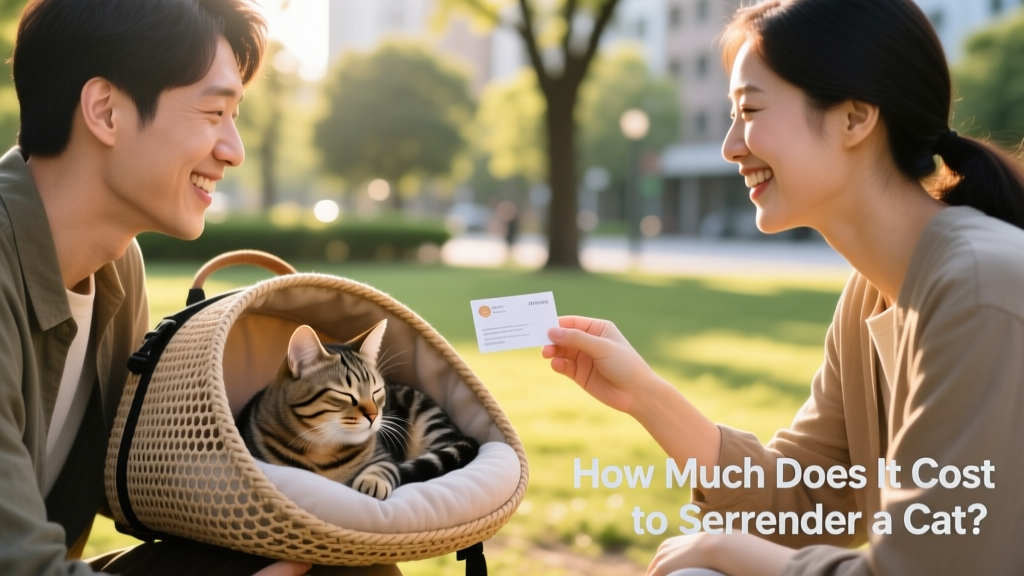 Two people meeting safely outdoors with a calm cat in a carrier between them, smiling and exchanging contact information