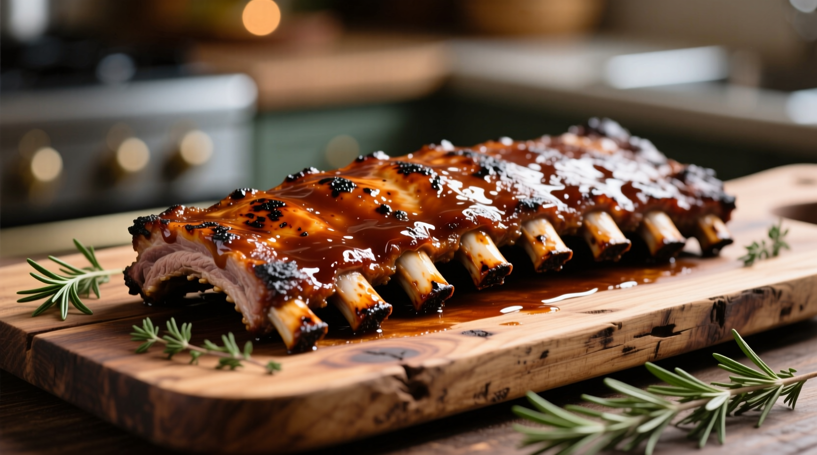 Perfectly cooked slow-cooked ribs on a wooden platter