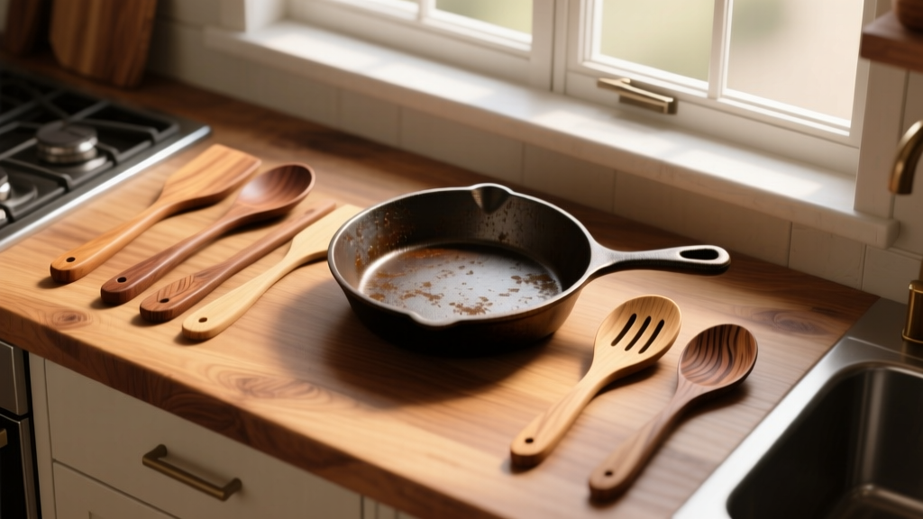 Overhead shot of rustic kitchen counter displaying teak and bamboo spatulas and slotted spoons next to a cast-iron skillet