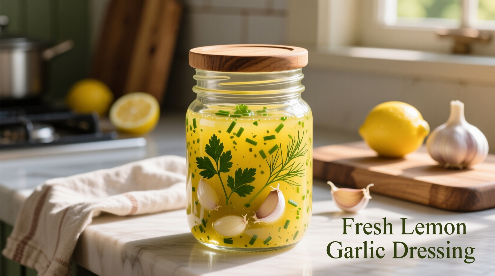 Fresh lemon garlic dressing in glass jar with herbs