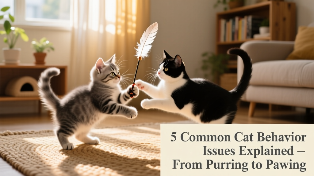 Two kittens wrestling gently with a feather wand toy
