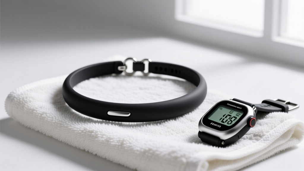 Matte black silicone athletic necklace with a magnetic breakaway clasp resting on a gym towel beside a digital stopwatch.