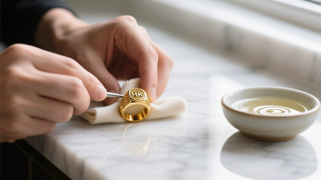 Hands polishing a 14k solid gold signet ring with a microfiber cloth on a marble counter, next to a small bowl of mild dish soap