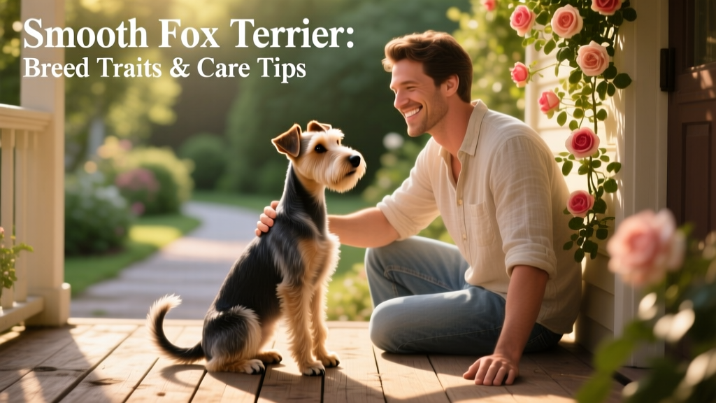 A well-groomed smooth fox terrier sitting attentively beside its owner on a sunny porch, both smiling