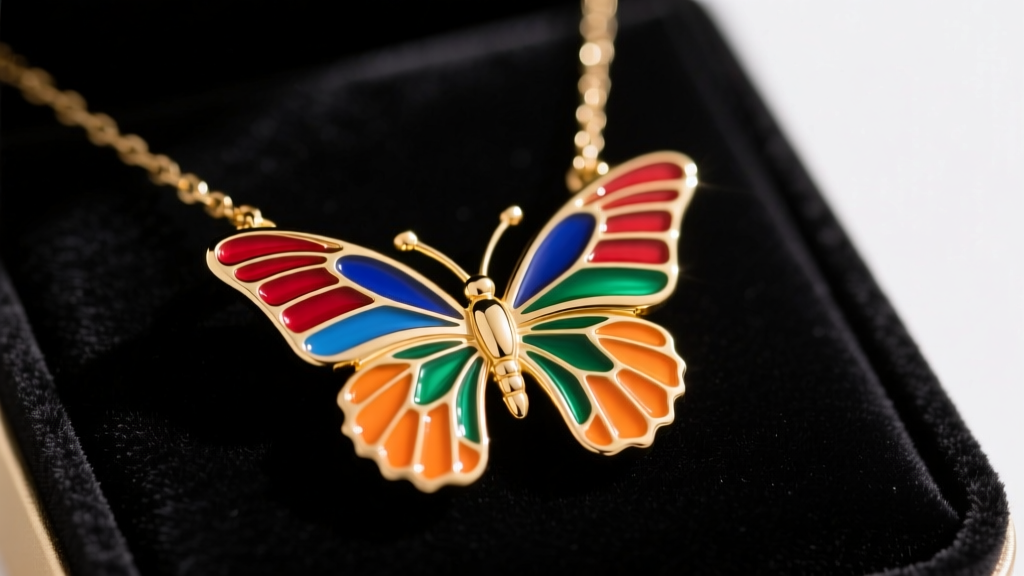 Macro shot of a gold-plated Kate Spade butterfly necklace on dark velvet, showing detailed wings and colorful epoxy enamel fills.