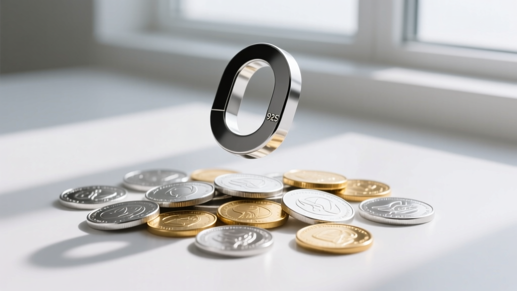 Magnet hovering over 925 silver and plated coins, demonstrating zero magnetic attraction on the genuine silver jewelry test pieces.
