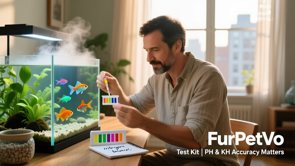 Aquarium owner using FurPetVo test kit to check pH and KH levels
