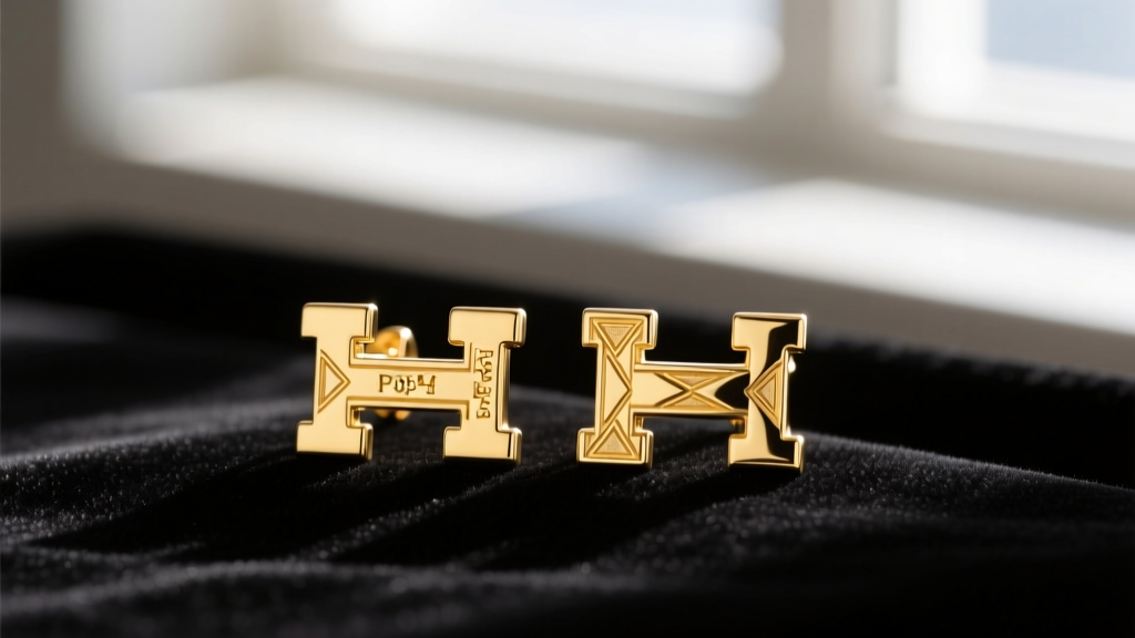 Macro photography of authentic 18k yellow gold Hermès Pop H earrings resting on a black velvet jeweler