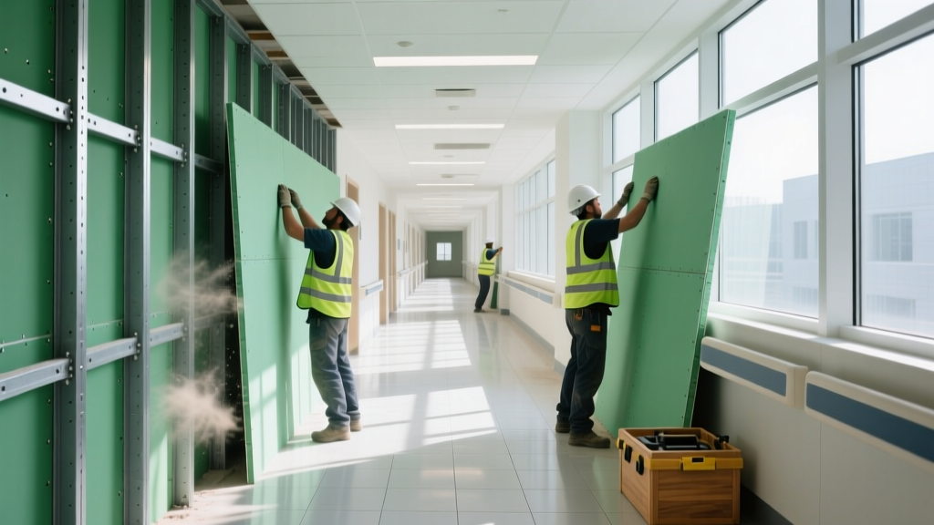 Commercial hospital corridor under construction showing workers installing thick green-faced impact resistant gypsum board on metal studs