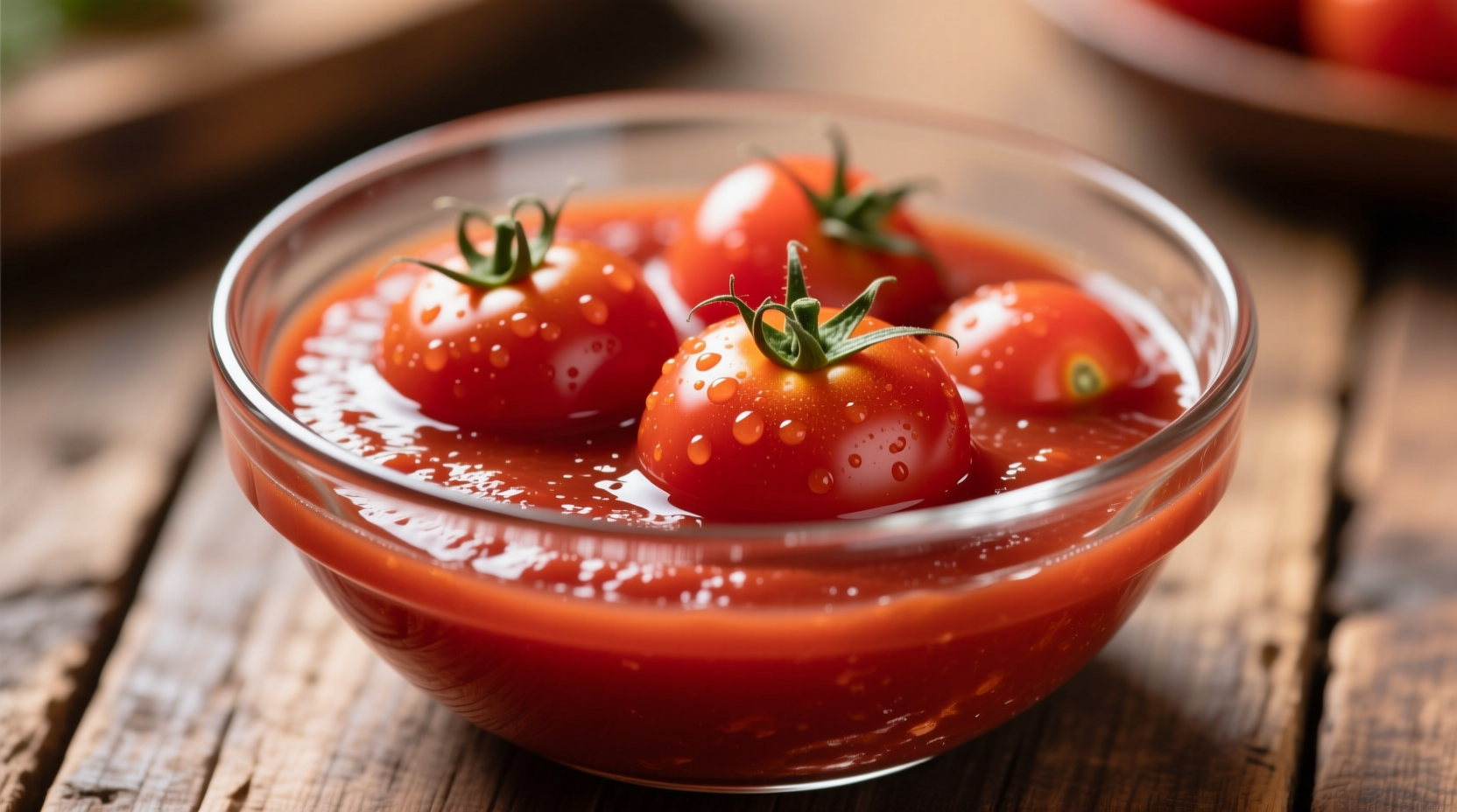 Fresh tomato puree in glass bowl with whole tomatoes