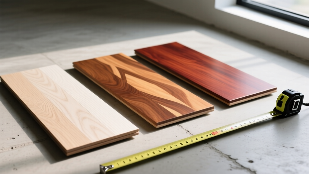 Close-up of white oak, hickory, and brazilian cherry hardwood flooring samples on a concrete subfloor next to a tape measure
