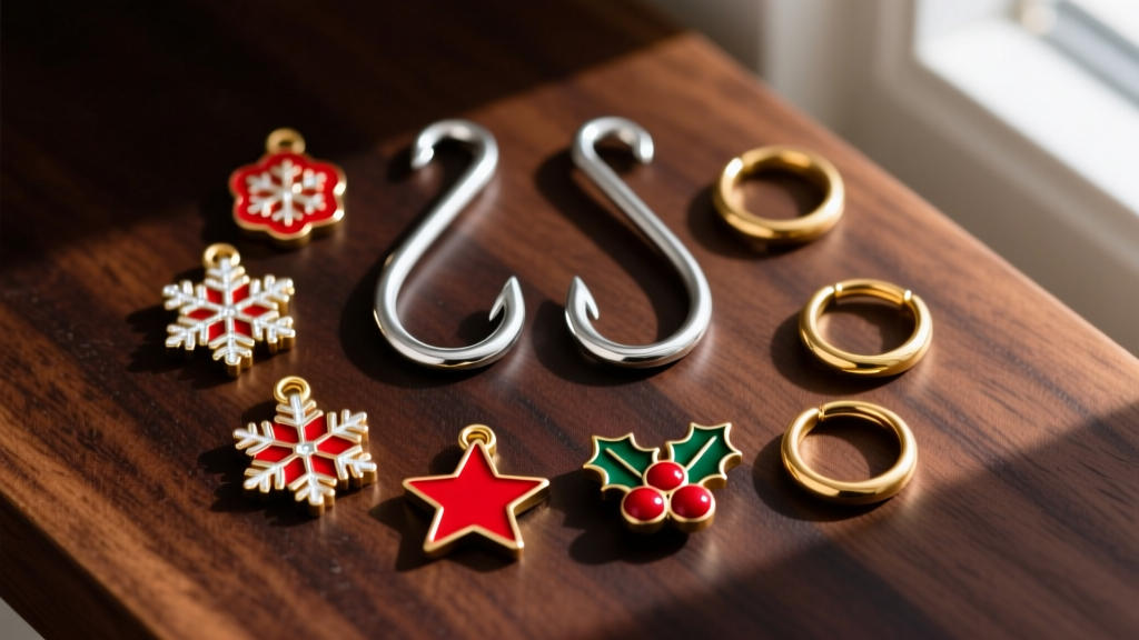 Flat lay of holiday jewelry supplies including 20-gauge titanium fishhooks, red enamel charms, and gold jump rings on dark wood