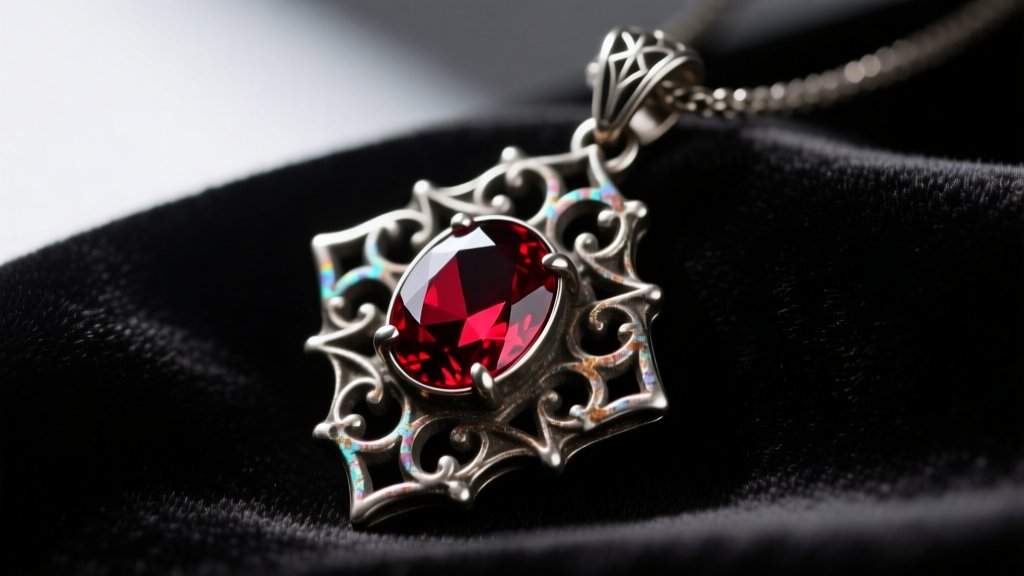 Close-up of a gothic oxidized silver pendant featuring a deep red pyrope garnet cabochon, resting on dark velvet fabric.