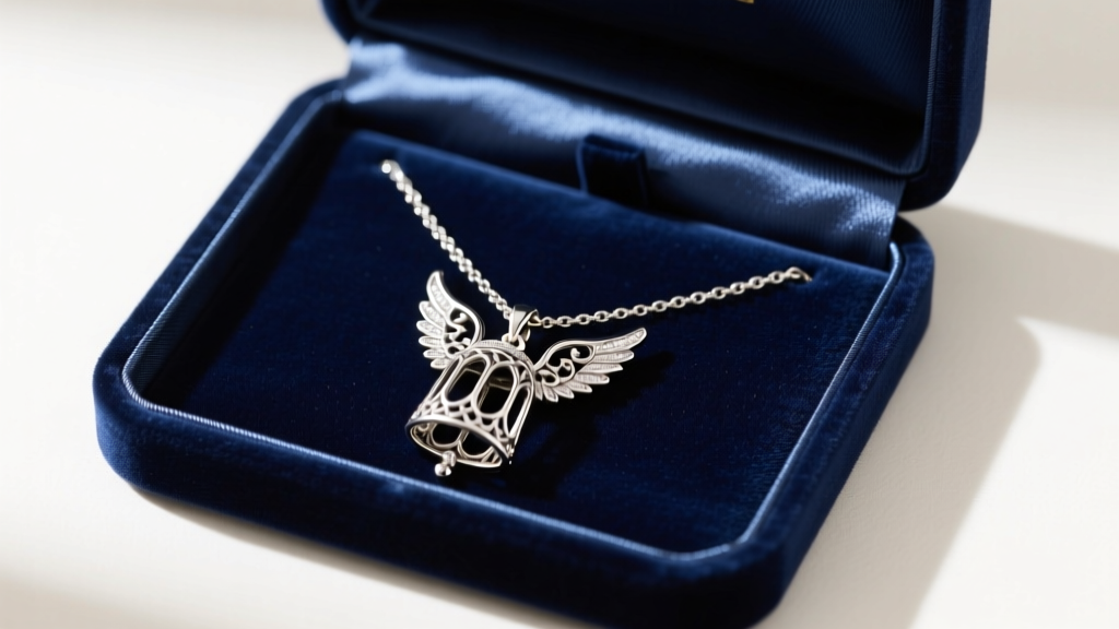 Angel caller necklace laid flat in a silk-lined box compartment, protecting the delicate outer metal cage from bending or warping.
