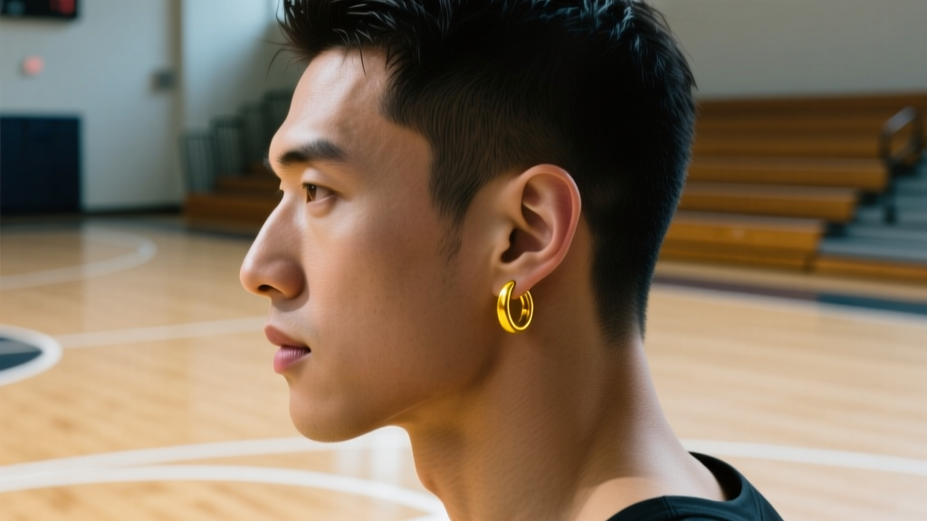 Side profile of a male athlete wearing a simple yellow gold hoop earring, blurred basketball court background, cinematic lighting.