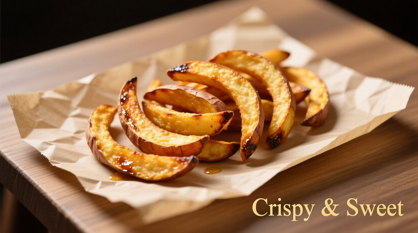 Golden crispy sweet potato fries on parchment paper