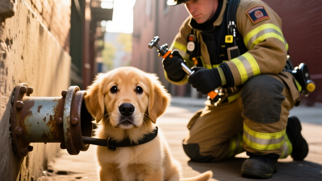 Puppy Gets Head Stuck in Pipe: Firefighters to the Rescue!