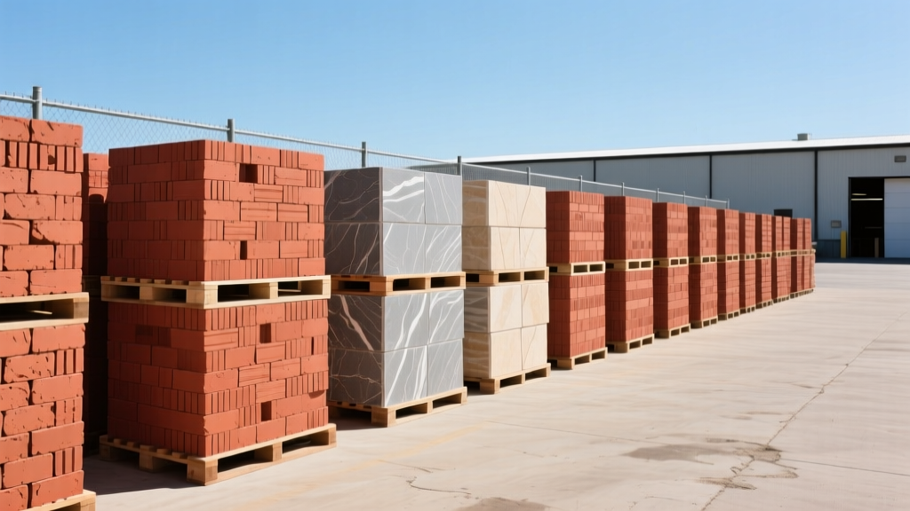 Pallets of red clay brick and natural limestone veneer stacked outside a masonry supply yard in Tulsa Oklahoma under clear blue skies